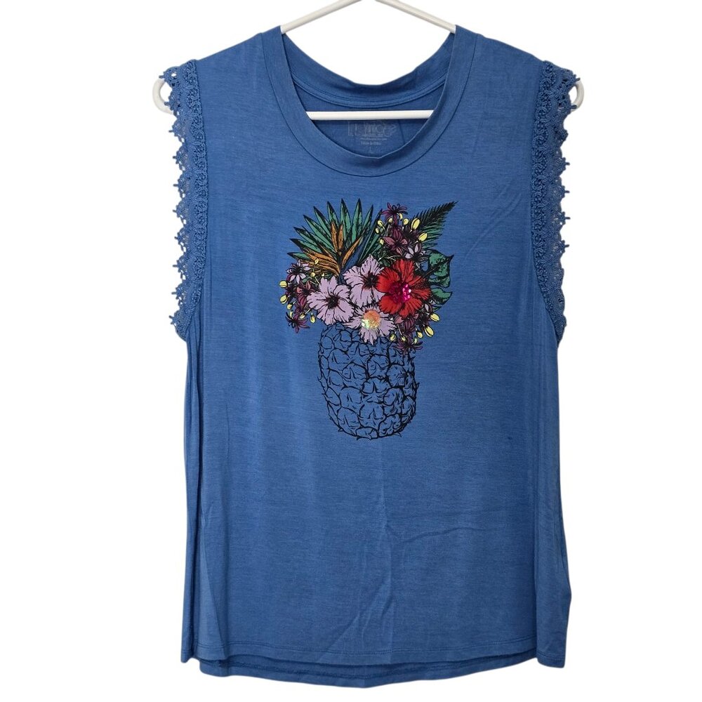 True Vintage Blue Sleeveless Floral Pineapple Shirt with Lace Detail Size Large